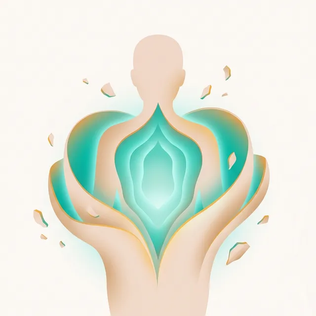 Ilustração abstrata em turquesa e bege de uma forma orgânica que se abre gradualmente, como pétalas se desdobrando, representando abertura interior e receptividade emocional