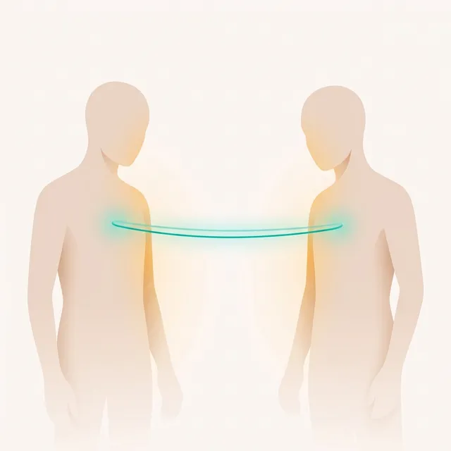 Duas silhuetas humanas estilizadas em bege ligadas por uma linha turquesa esticada como um elástico, representando a experiência do vínculo ansioso na terapia centrada na pessoa.