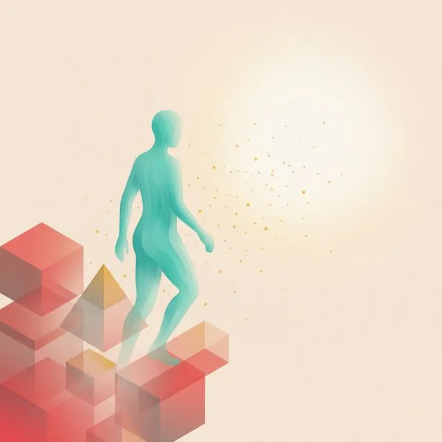 Ilustração abstrata de uma silhueta humana em turquesa avançando de formas geométricas rígidas para um espaço aberto e luminoso, representando autonomia e autoconfiança