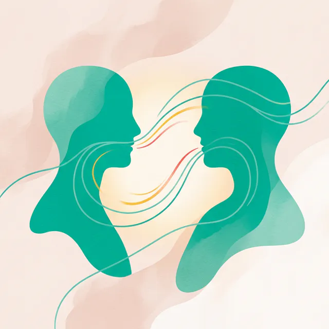 Ilustração abstrata de duas silhuetas orgânicas em turquesa frente a frente com linhas fluidas conectando-as, representando o fluxo de uma comunicação genuína e honesta