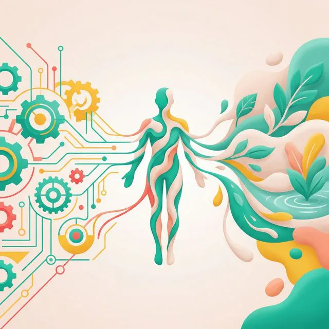 Ilustração abstrata de uma silhueta humana dividida entre padrões geométricos digitais frios e formas orgânicas quentes, representando o conflito entre valores pessoais e um mundo tecnológico