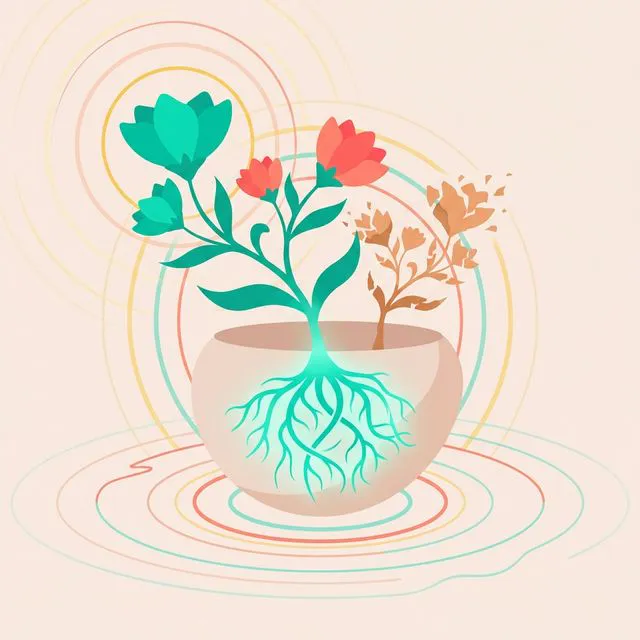 Ilustração abstrata de uma planta florescendo em tons turquesa e bege, com raízes saudáveis visíveis, representando crescimento gradual e cuidado preventivo com a saúde mental