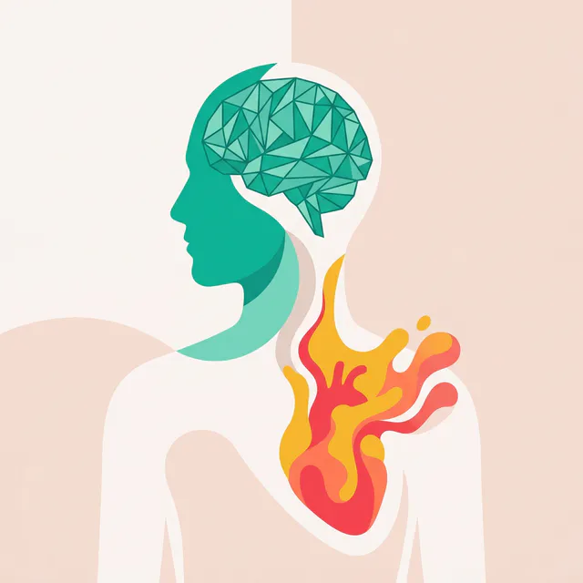 Ilustração abstrata de uma silhueta humana com padrões geométricos cristalinos na cabeça e formas orgânicas quentes emergindo do peito, representando a separação entre pensamento analítico e experiência emocional