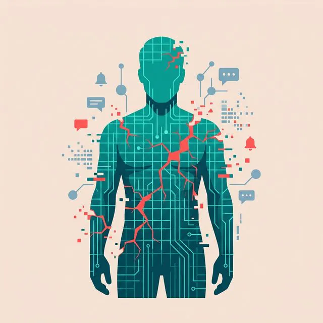 Ilustração digital moderna com uma silhueta masculina em turquesa, integrada a uma grade digital com efeitos de glitch em coral, representando os perigos dos discursos de co-optação online e a busca por uma identidade autêntica