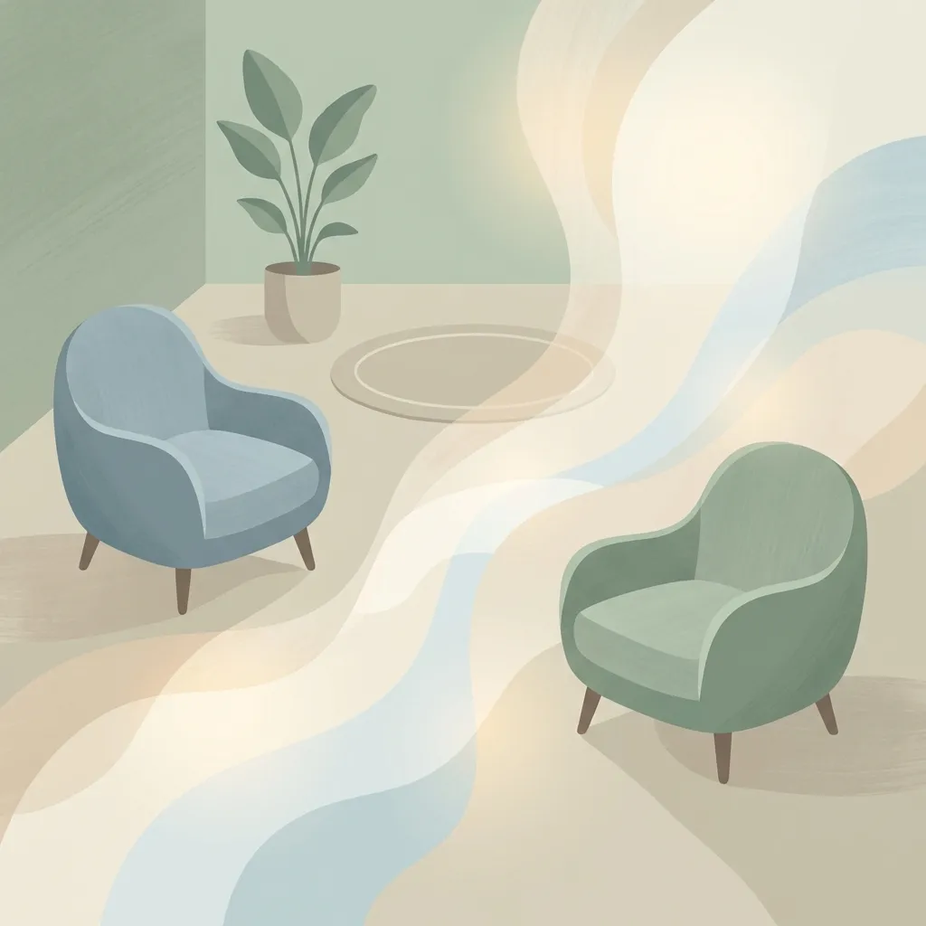Ilustração de duas cadeiras vazias em um ambiente tranquilo de terapia
