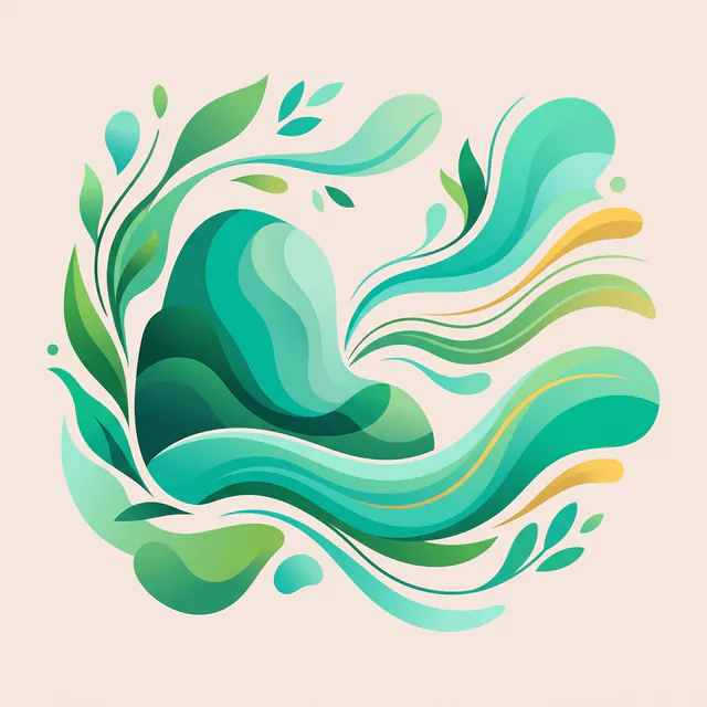 Formas orgânicas fluidas em tons de verde e turquesa sobre fundo bege claro, representando a natureza do Parque Pedra da Cebola como recurso para regulação emocional em Vitória.