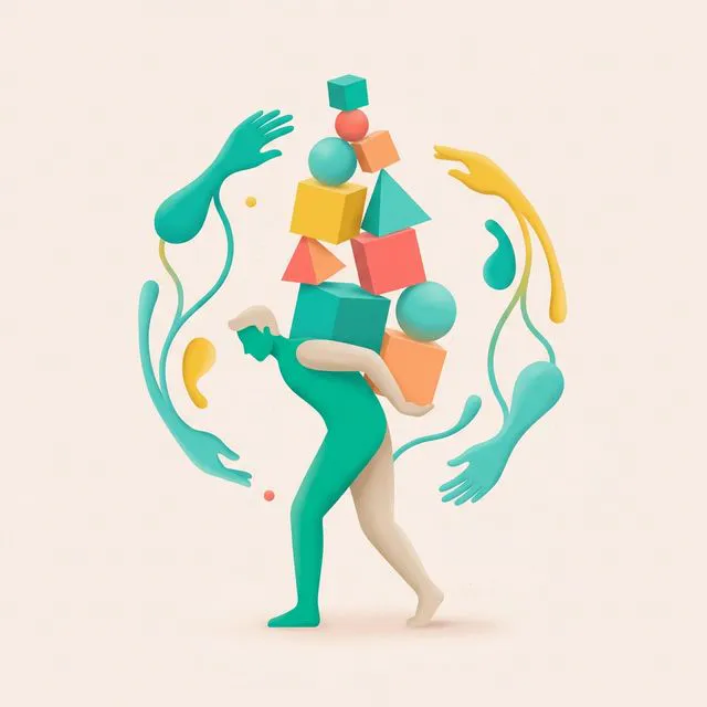 Ilustração abstrata de uma figura masculina carregando um peso invisível, com fragmentos de conexão ao redor que não se completam