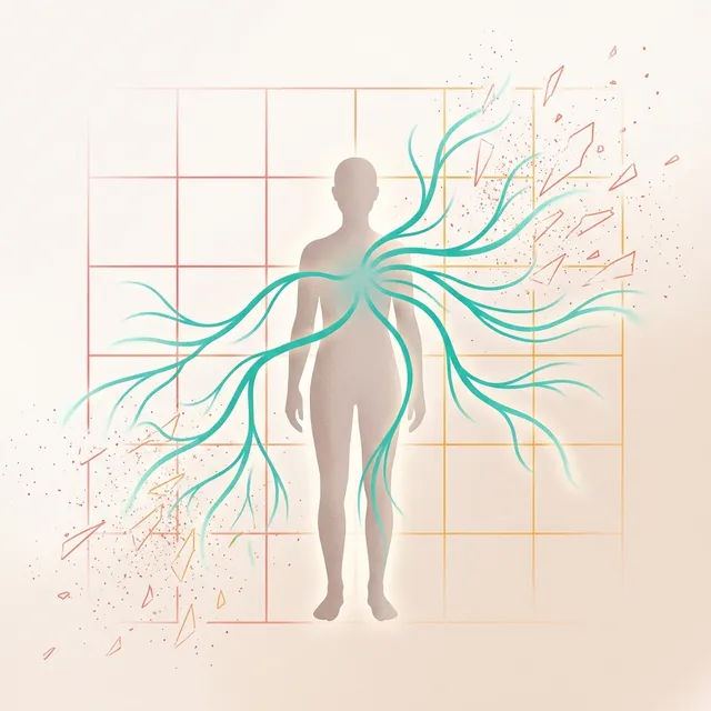 Silhueta humana de pé com linhas turquesa que se expandem de forma orgânica a partir do peito, enquanto ao redor uma grade geométrica rígida se dissolve, representando a diferença entre protocolo padronizado e processo terapêutico vivo.