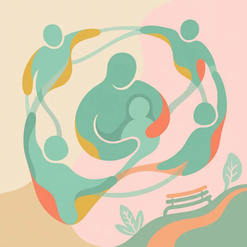Ilustração de pessoas se abraçando dentro de um círculo de pessoas de mãos dadas
