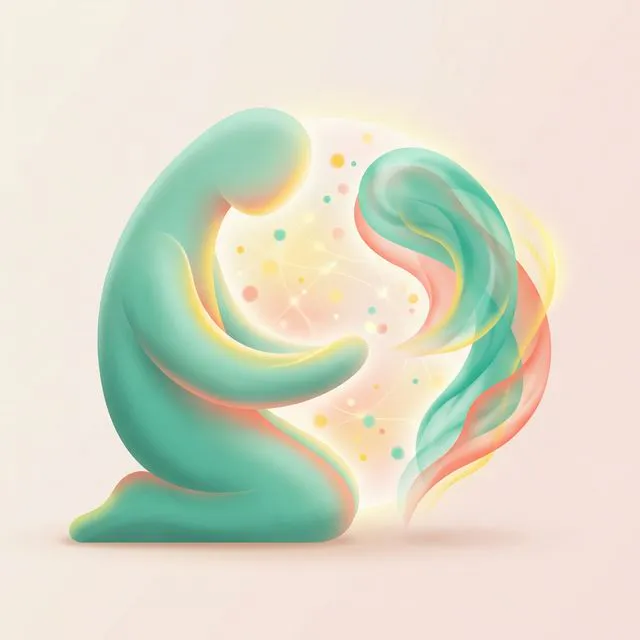 Ilustração abstrata de duas formas orgânicas em turquesa e bege se aproximando com um espaço iluminado entre elas, representando conexão genuína e vínculo terapêutico