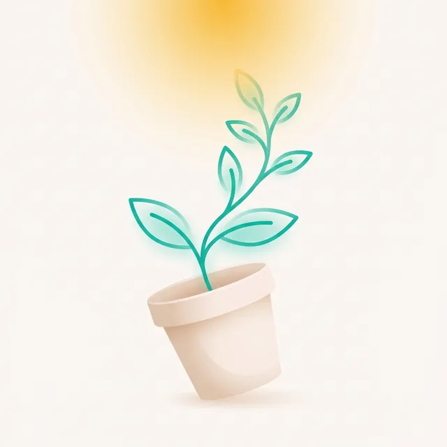 Pequena planta estilizada em turquesa crescendo em direção a uma luz amarela suave a partir de um vaso bege levemente inclinado, representando a tendência atualizante e o movimento de tornar-se pessoa em Carl Rogers.