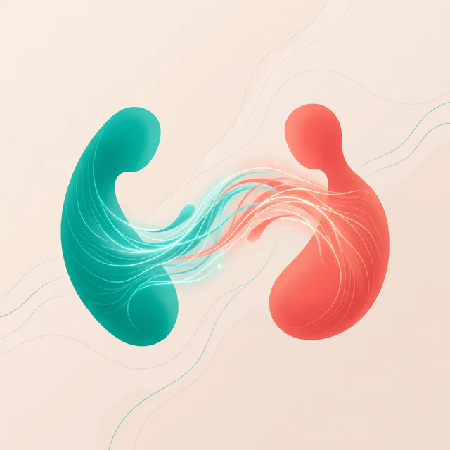 Duas formas orgânicas distintas em turquesa e coral conectadas por uma ponte de luz e linhas fluidas, representando a comunicação e reconexão na terapia de casal em Vitória.