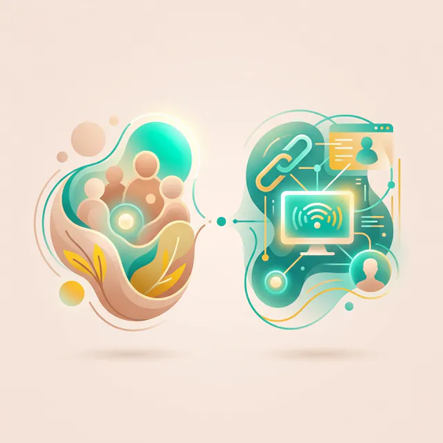 Duas composições abstratas espelhadas em tons de turquesa e bege, representando a escolha entre as modalidades presencial e online de psicoterapia em Vitória.