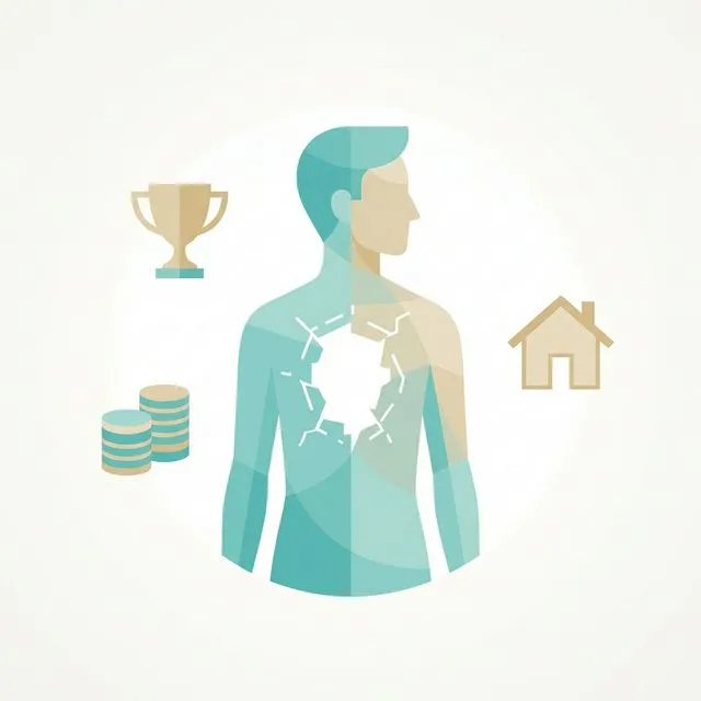 Ilustração abstrata de uma figura humana cercada por conquistas externas (símbolos de sucesso) mas com o interior vazio e fragmentado