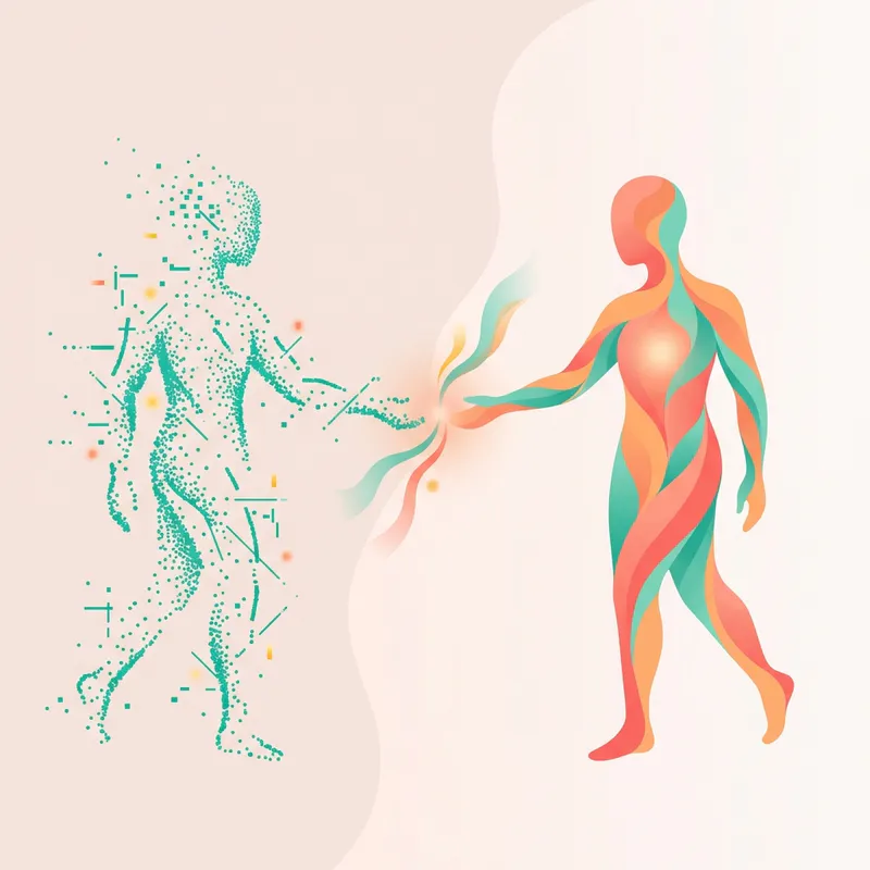 Ilustração abstrata de duas silhuetas humanas se conectando - uma formada por pixels fragmentados representando conexões digitais, outra com formas orgânicas representando intimidade real